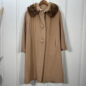 Vintage 1960s 100% Cashmere Coat Mink Fur Collar Beige Swing Coat Womens
